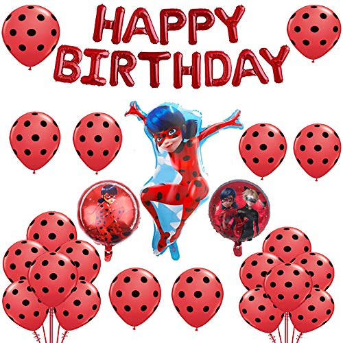 Geenber Ladybug Set de Globos Globo de Papel de Aluminio Suministros de decoración de Fiesta de Feliz cumpleaños para Ladybug Superhero Girl Kids (Paquete de 24)