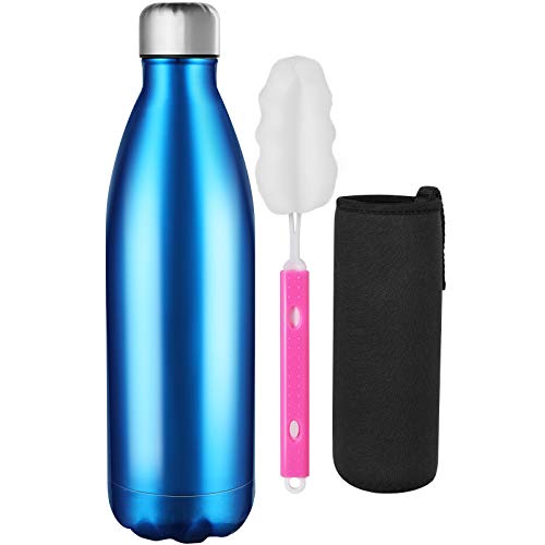 GeeRic Botella Termica 500ml, botella termo acero inoxidable,Botella de agua + cepillo + bolsa portátil Soporte para botella de agua deportiva Se utiliza para acampar, escuela, deportes, gimnasio azul