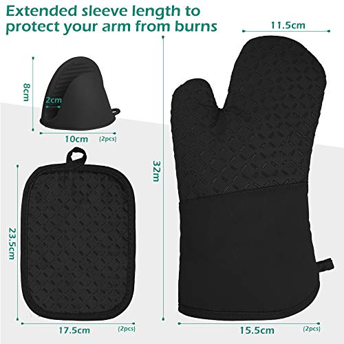 GeeRic Juego de Guantes de Horno, 6Pcs Guantes Horno Forro de algodón Mini Silicona Olla con Guantes de Horno de microondas Antideslizantes y espesos para cocinar en Horno de Barbacoa Negro