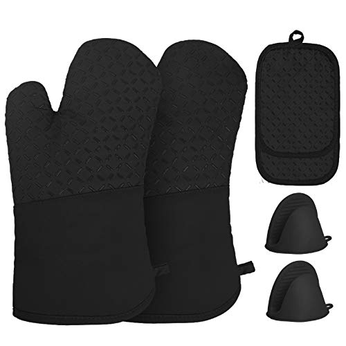 GeeRic Juego de Guantes de Horno, 6Pcs Guantes Horno Forro de algodón Mini Silicona Olla con Guantes de Horno de microondas Antideslizantes y espesos para cocinar en Horno de Barbacoa Negro