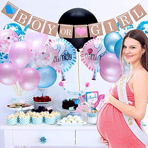 Gender Reveal Party, 64 Sexo Revelan Decoraciones De Fiesta para Baby Shower Fiesta De Cumpleaños - Incluye Pancartas y Sets De Globos, Disfraces para Vestir (Negro)