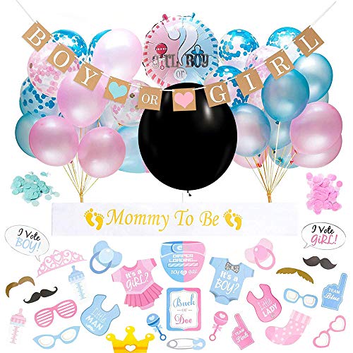 Gender Reveal Party, 64 Sexo Revelan Decoraciones De Fiesta para Baby Shower Fiesta De Cumpleaños - Incluye Pancartas y Sets De Globos, Disfraces para Vestir (Negro)