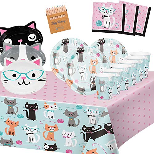 Générique Fiesta Gato Gatito Festivales 8 Niños Cumpleaños Sabor Tea Decoración Mesa Platos 1 Mantel 8 Platos de 18 cm 4 Platos de Cabeza de Gato 8 Tazas 16 servilletas