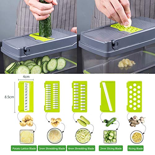 Gesentur Mandolina de Cocina 13 en 1 Cortador de Verduras, Patatas Picador de Verduras Rallador Multiusos con 8 Cuchillas Ajustables para rebanar, Cepillo para Limpieza, Pelador