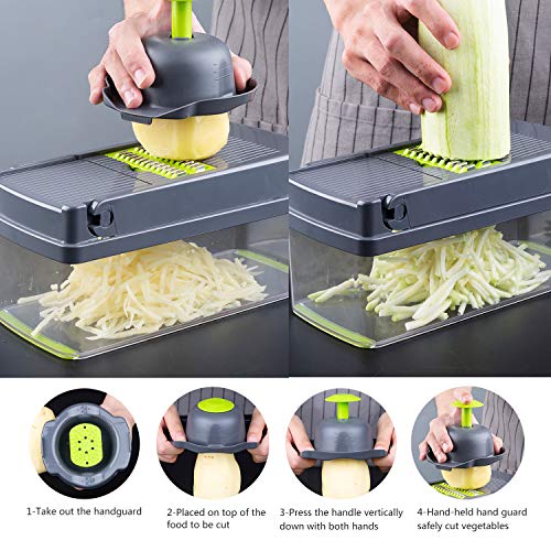 Gesentur Mandolina de Cocina 13 en 1 Cortador de Verduras, Patatas Picador de Verduras Rallador Multiusos con 8 Cuchillas Ajustables para rebanar, Cepillo para Limpieza, Pelador