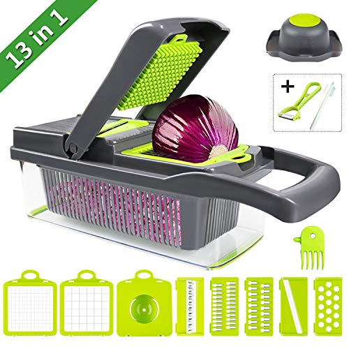 Gesentur Mandolina de Cocina 13 en 1 Cortador de Verduras, Patatas Picador de Verduras Rallador Multiusos con 8 Cuchillas Ajustables para rebanar, Cepillo para Limpieza, Pelador