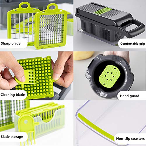 Gesentur Mandolina de Cocina 13 en 1 Cortador de Verduras, Patatas Picador de Verduras Rallador Multiusos con 8 Cuchillas Ajustables para rebanar, Cepillo para Limpieza, Pelador