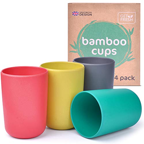 GET FRESH Tazas de Bambú para Niños - Set de 4 Tazas Reutilizables de Bambú para Niños y Adultos - Tazas Infantiles de Bambú sin BPA - Reutilizables Vajilla Fibra de Bambu Aptas para el Lavavajillas