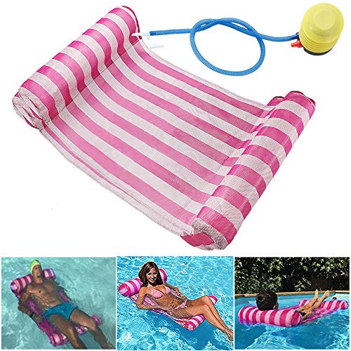 GEYUEYA Home Hamaca Flotante, Hamaca de Agua 4 en 1 Piscina Tumbona Hamaca Inflable de Agua Flotante colchoneta Hamaca Flotante para Adultos Cama Flotante de Agua con Bomba de Aire, 120kg(Rosa)