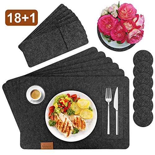 Gifort Manteles Individuales, Juego de Salvamanteles Individuales, 6 Manteles, 6 Posavasos, 6 Bolsas para Cubiertos, Lavable Antideslizante Resistentes al Calor para Cocina, Hogar, Restaurante