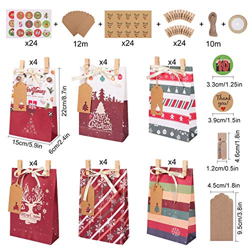 GIKPAL 24 Bolsas de Regalo para Navidad, Bolsas de Papel Kraft con Pegatinas y Etiquetas, Calendario de Adviento para Caramelos Galletas Bombones, 22x15x6 cm