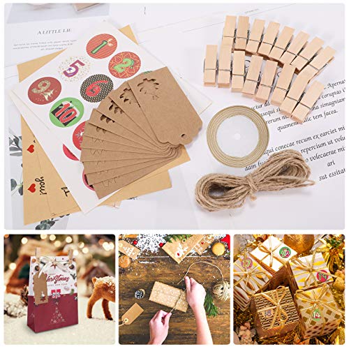 GIKPAL 24 Bolsas de Regalo para Navidad, Bolsas de Papel Kraft con Pegatinas y Etiquetas, Calendario de Adviento para Caramelos Galletas Bombones, 22x15x6 cm