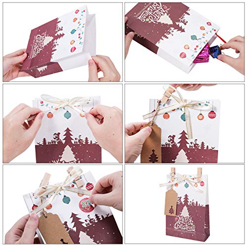 GIKPAL 24 Bolsas de Regalo para Navidad, Bolsas de Papel Kraft con Pegatinas y Etiquetas, Calendario de Adviento para Caramelos Galletas Bombones, 22x15x6 cm