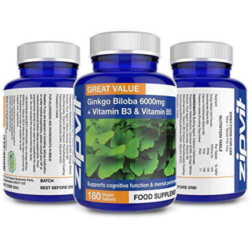 Ginkgo Biloba 6000mg Extracto estandarizado de hojas, 180 Tabletas Veganas con Vitamina B3 y B5. Aprobado por la Sociedad Vegetariana. Fabricado en el Reino Unido. Suministro por 6 meses.