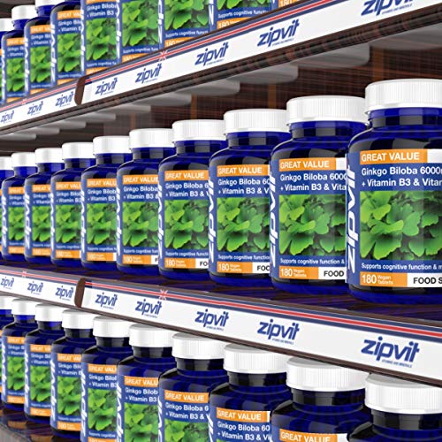 Ginkgo Biloba 6000mg Extracto estandarizado de hojas, 180 Tabletas Veganas con Vitamina B3 y B5. Aprobado por la Sociedad Vegetariana. Fabricado en el Reino Unido. Suministro por 6 meses.