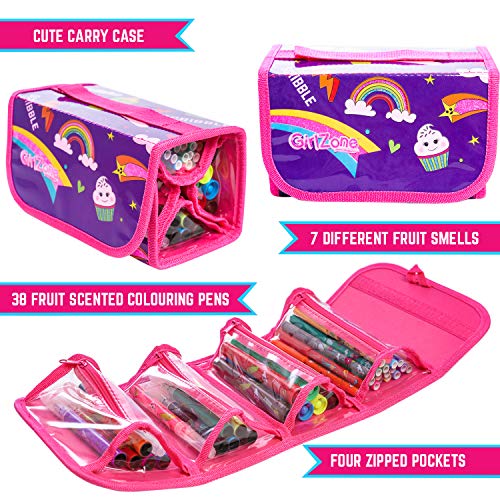 GirlZone Regalos para Niñas - Estuche Enrollable Rotuladores - Estuche Enrollable - 38 Rotuladores Perfumados - Scented Pens - Set de Papelería - Regalo Niña 3 a 12 Años