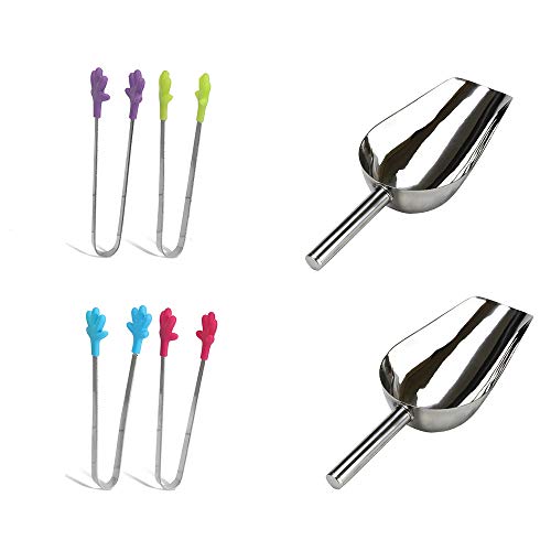 Globaldream 4 piezas de pinzas para hielo pinzas para azúcar mini pinzas para servir de silicona y 2 piezas de cuchara para hielo de acero inoxidable, para la fiesta de té, cafetería, cocina
