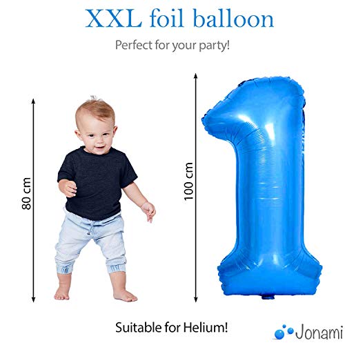 Globo 1 Año Niño Azul, Número 1 XXL Globo Gigante de 100cm Decoración Cumpleaños. Vuela con Helio