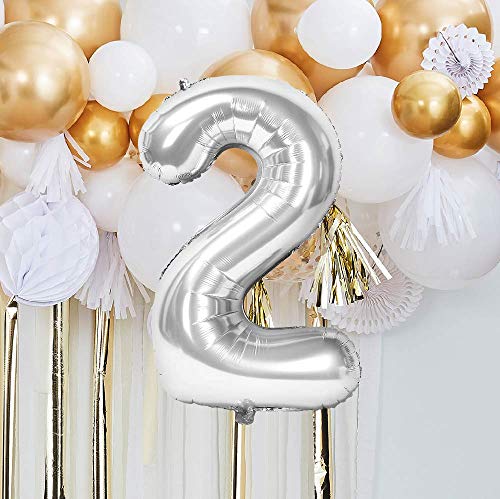 Globo Número Gigante Metalizado – Numeros Gigantes y Metalizados 0 1 2 3 4 5 6 7 8 9, 30 40 50 - Globos para Fiesta y Decoración – Globos de Cumpleaños Boda y Aniversario (Plata, 2)