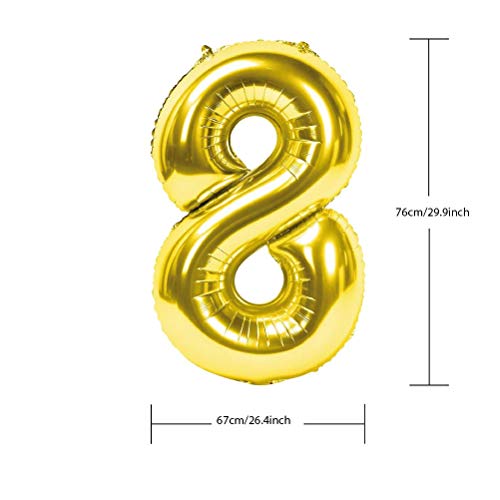 Globo Número Gigante Metalizado – Numeros Gigantes y Metalizados 0 1 2 3 4 5 6 7 8 9, 30 40 50 - Globos para Fiesta y Decoración – Globos de Cumpleaños Boda y Aniversario (Oro, 8)