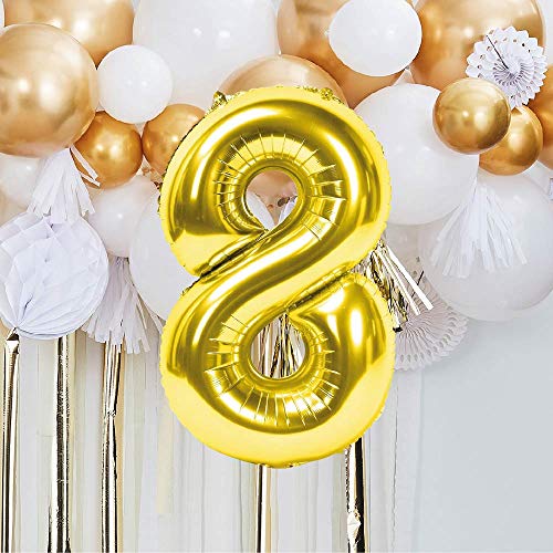 Globo Número Gigante Metalizado – Numeros Gigantes y Metalizados 0 1 2 3 4 5 6 7 8 9, 30 40 50 - Globos para Fiesta y Decoración – Globos de Cumpleaños Boda y Aniversario (Oro, 8)