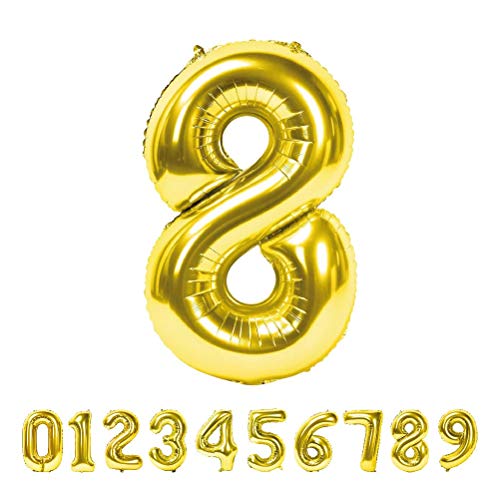 Globo Número Gigante Metalizado – Numeros Gigantes y Metalizados 0 1 2 3 4 5 6 7 8 9, 30 40 50 - Globos para Fiesta y Decoración – Globos de Cumpleaños Boda y Aniversario (Oro, 8)
