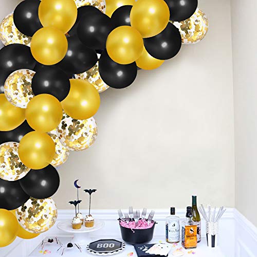 Globos de Confeti Negros y Dorados, paquete de 50 Globos de Látex Dorados de 12 pulgadas con Cinta Dorada para Decoraciones de Aniversario de Bodas de Graduación