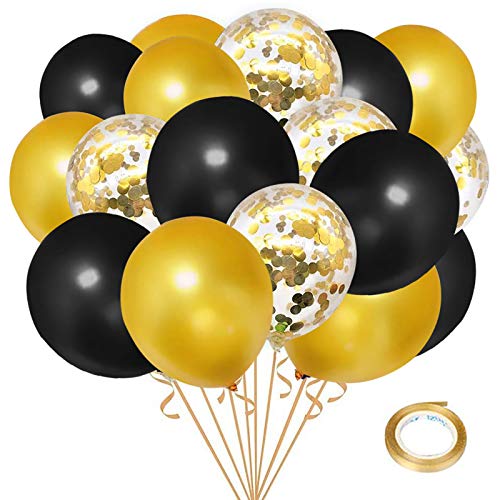 Globos de Confeti Negros y Dorados, paquete de 50 Globos de Látex Dorados de 12 pulgadas con Cinta Dorada para Decoraciones de Aniversario de Bodas de Graduación