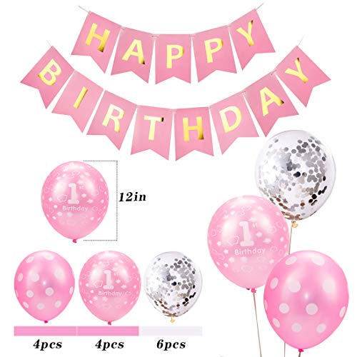 Globos de Cumpleaños Niña, 1er Cumpleaños Bebe Rosa Globos Decoracion, Globos de Confeti de Latex Ballon Party Cumpleaños 1 Año