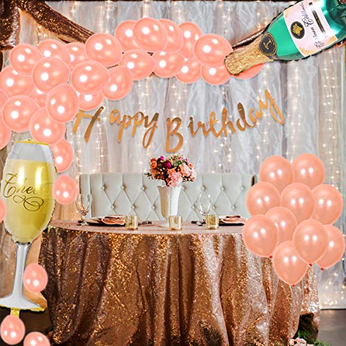 Globos en forma de copa de champán y globos de oro rosa para decoración de fiesta de cumpleaños de niña con letras de feliz cumpleaños