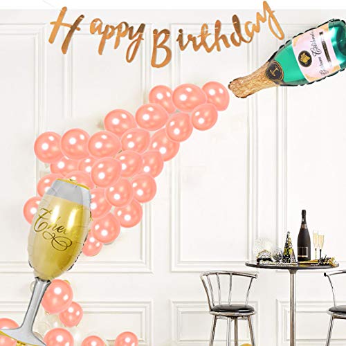 Globos en forma de copa de champán y globos de oro rosa para decoración de fiesta de cumpleaños de niña con letras de feliz cumpleaños