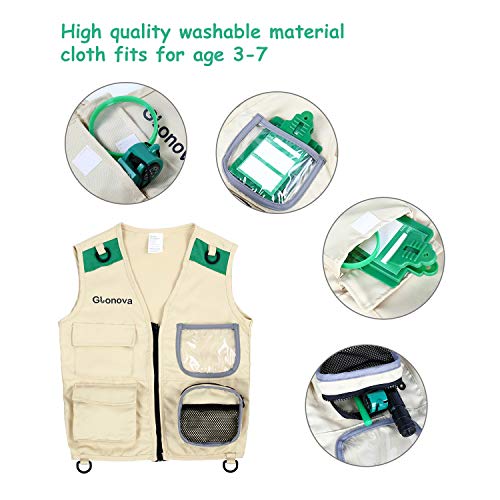 Glonova Juguetes de Explorador para Niños, Kit de Disfraz de Aventurero con Accesorios de Safari Chaleco Lavable, Binoculares, Lupa, Sombrero, Juego de rol de Explorador para Infantiles