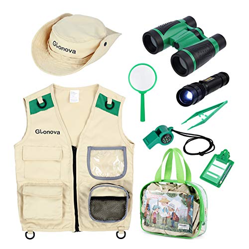 Glonova Juguetes de Explorador para Niños, Kit de Disfraz de Aventurero con Accesorios de Safari Chaleco Lavable, Binoculares, Lupa, Sombrero, Juego de rol de Explorador para Infantiles