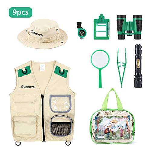 Glonova Juguetes de Explorador para Niños, Kit de Disfraz de Aventurero con Accesorios de Safari Chaleco Lavable, Binoculares, Lupa, Sombrero, Juego de rol de Explorador para Infantiles