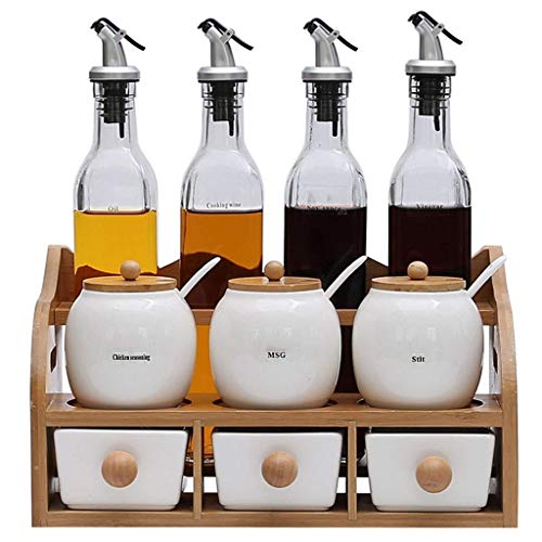 Glove Botella de condimento Cocina casera, Cerámica + Vidrio + Material de bambú Estante de Botella de Aceite Doble Sazonador Vinagre Tarro de condimento de Cocina