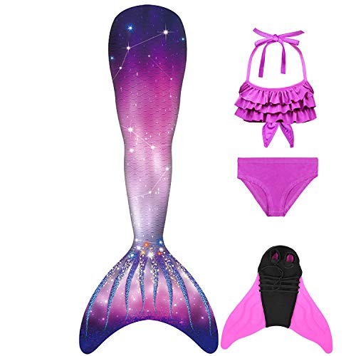 GNFUN Traje de baño de Cola de Sirena para niñas con Princesa de Sirena Traje de baño de Cosplay para Nadar con Bikini y Monofin, Juego de 4