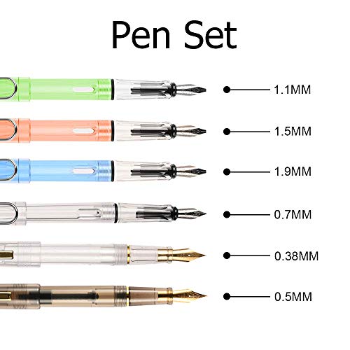 Goldge Pluma Estilográfica con 24 Cartuchos de Tinta，Pluma de escritura Perfecto Regalo para Niños y Adultos, Bolígrafos de Colores transparentes seis color, 6 Tipos de Puntas