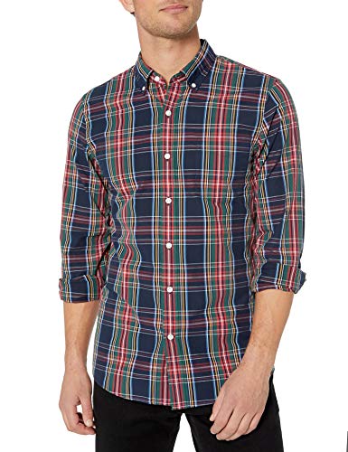 Goodthreads Slim-Fit Long-Sleeve Plaid Poplin Shirt button-down-shirts, Navy Oversized Tartan, S