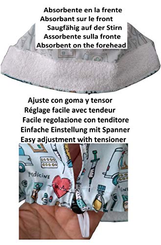 Gorros quirofano Hombre INSTRUMENTAL MEDICO cirujano dentista veterinario Toalla absorbente en la frente, ajustable al gusto con tensor