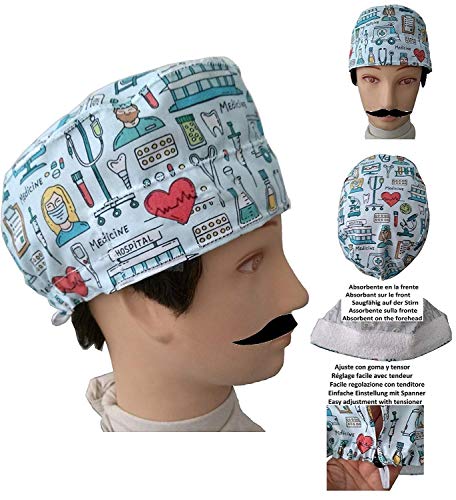 Gorros quirofano Hombre INSTRUMENTAL MEDICO cirujano dentista veterinario Toalla absorbente en la frente, ajustable al gusto con tensor
