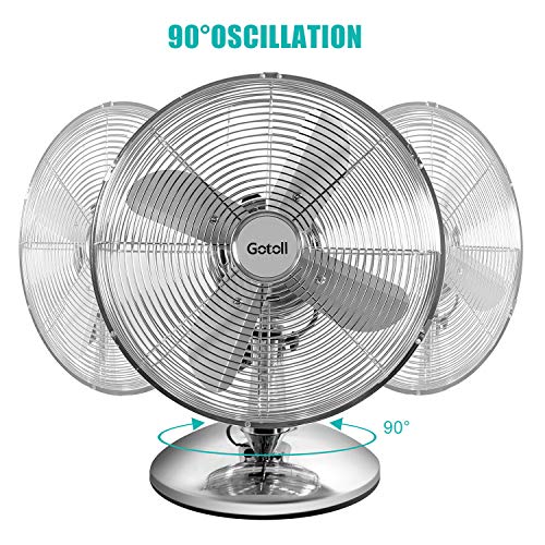 Gotoll Ventilador de Sobremesa Mental,35CM 40W|Oscilación Automática de 90°|3 Velocidades|Ángulo de Inclinación 15°,Ventilador de Mesa Plata