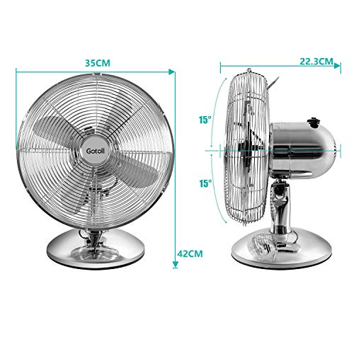 Gotoll Ventilador de Sobremesa Mental,35CM 40W|Oscilación Automática de 90°|3 Velocidades|Ángulo de Inclinación 15°,Ventilador de Mesa Plata