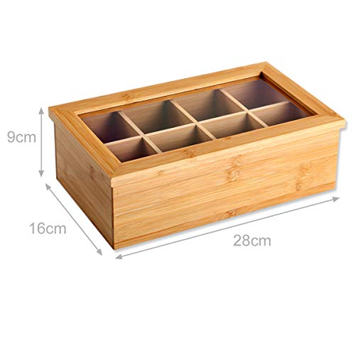 Gräfenstayn® Caja de té de bambú (9 x 28 x 16cm) con 8 Compartimentos, Tapa abatible con Ventana e Ideal para la protección del Aroma