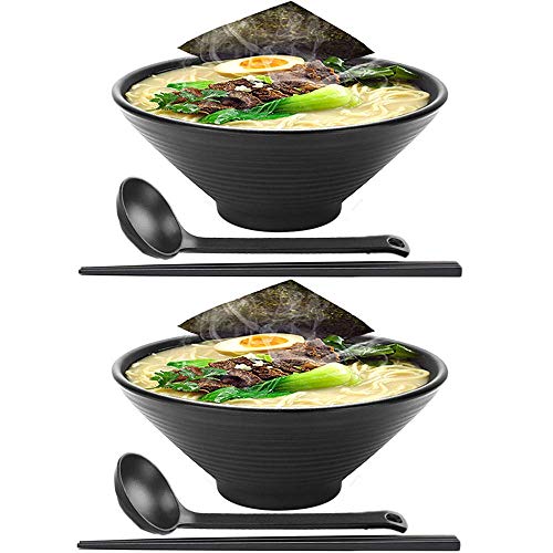 Gran Ramen Japanese Noodle Soup Bowl cuencos japoneses ramen 2 Sets (6 piezas) 42 Oz melamina vajilla de plástico duro sopa de fideos Bowl por Coincidencia con palillos y cucharas Tazón Grande for los