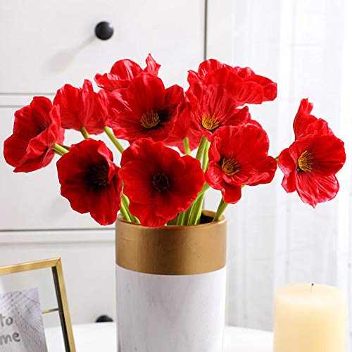 Grandlin - 10 flores artificiales rojas de amapola, flores artificiales para ramo de boda, arreglos para el hogar, sala de estar, mesa de comedor, mesa de centro de poliuretano de 31,7 cm