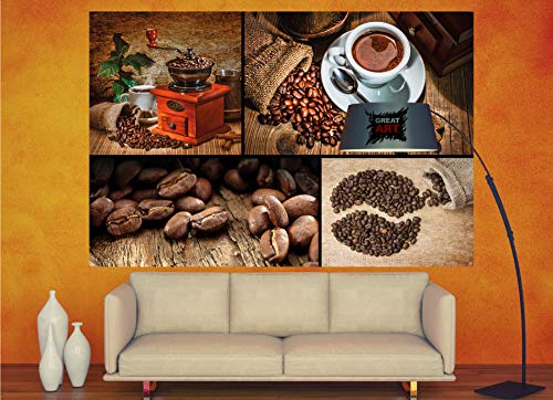 GREAT ART Mural De Pared – Collage De Café – Cocina Taza De Café Granos De Café Molinillo Imágenes Foto Cappuccino Latte Macchiato Papel Pintado Y Tapiz Y Decoración (210 X 140 Cm)
