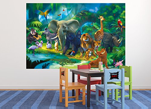 GREAT ART Mural de Pared Cuarto De Los Niños – Jungla Safari – Parque Natural Animales Salva Jirafa Elefante Mono Lion Loro Estilo Cómico Papel Pintado Tapiz y decoración (210x140 cm)