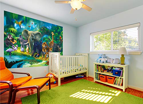 GREAT ART Mural de Pared Cuarto De Los Niños – Jungla Safari – Parque Natural Animales Salva Jirafa Elefante Mono Lion Loro Estilo Cómico Papel Pintado Tapiz y decoración (210x140 cm)