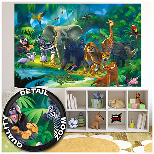 GREAT ART Mural de Pared Cuarto De Los Niños – Jungla Safari – Parque Natural Animales Salva Jirafa Elefante Mono Lion Loro Estilo Cómico Papel Pintado Tapiz y decoración (210x140 cm)