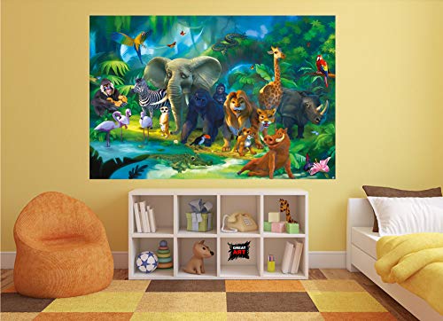 GREAT ART Mural de Pared Cuarto De Los Niños – Jungla Safari – Parque Natural Animales Salva Jirafa Elefante Mono Lion Loro Estilo Cómico Papel Pintado Tapiz y decoración (210x140 cm)
